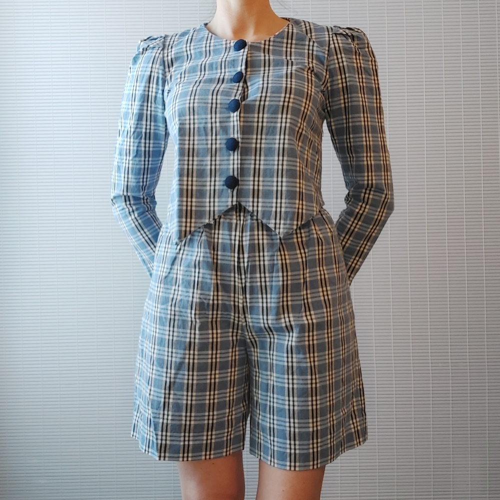 Vintage 90s Blue Plaid 2 Piece Set Medium